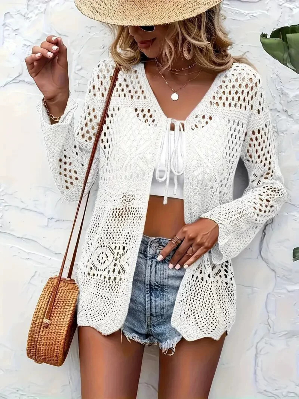 ZARA Off White Lace Knit Cardigan Tie Neck Bell Sleeves Summer Casual